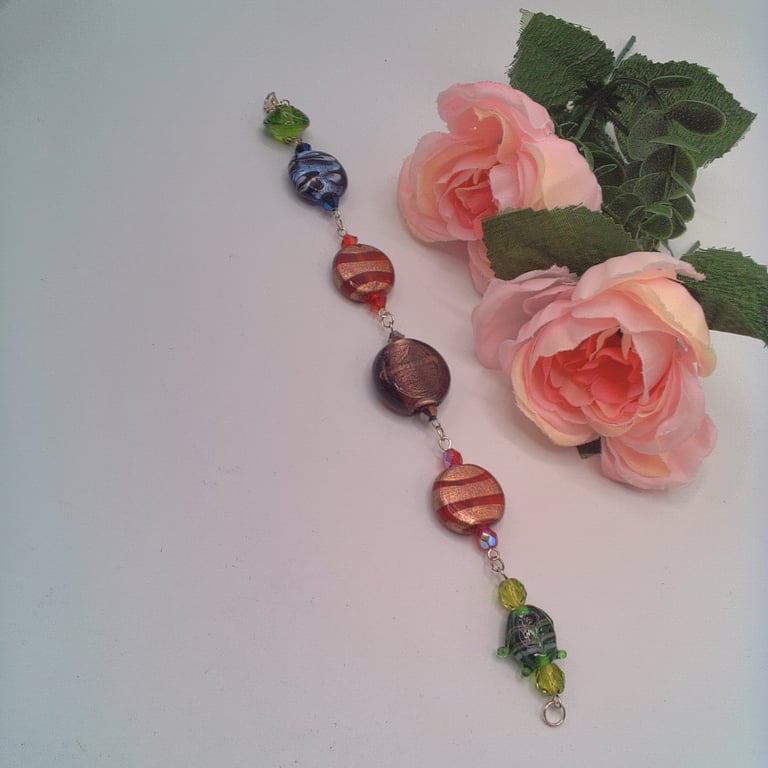 Green Blue Red and Purple Lampwork Bead and Crystal Bracelet, Summer Bracelet