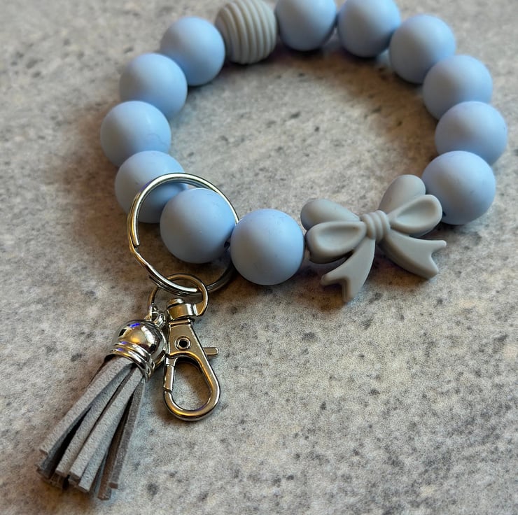 Baby blue and grey bow silicone beads keychain  - Folksy