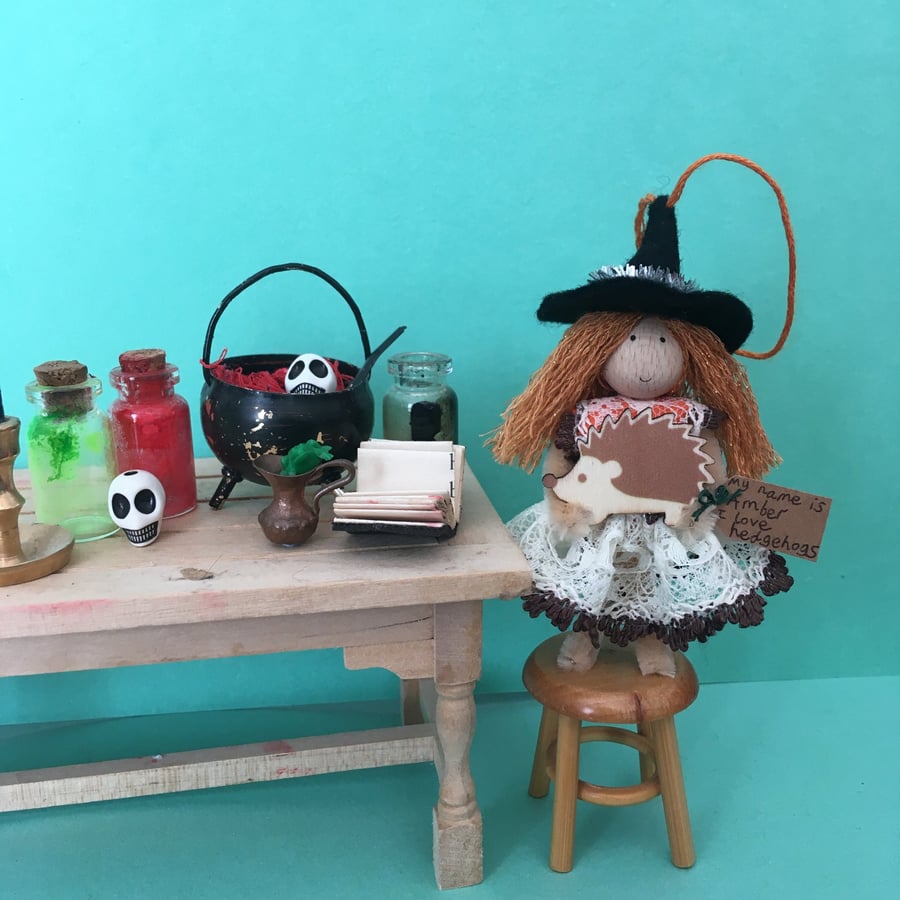 Witch Doll Holding A Hedgehog Hanging Decoration, Witch Core, Autumn Decoration