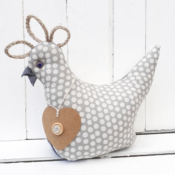 A Grey and White Polka Dot Chicken Hen DOORSTOP Unique Handmade Gifts