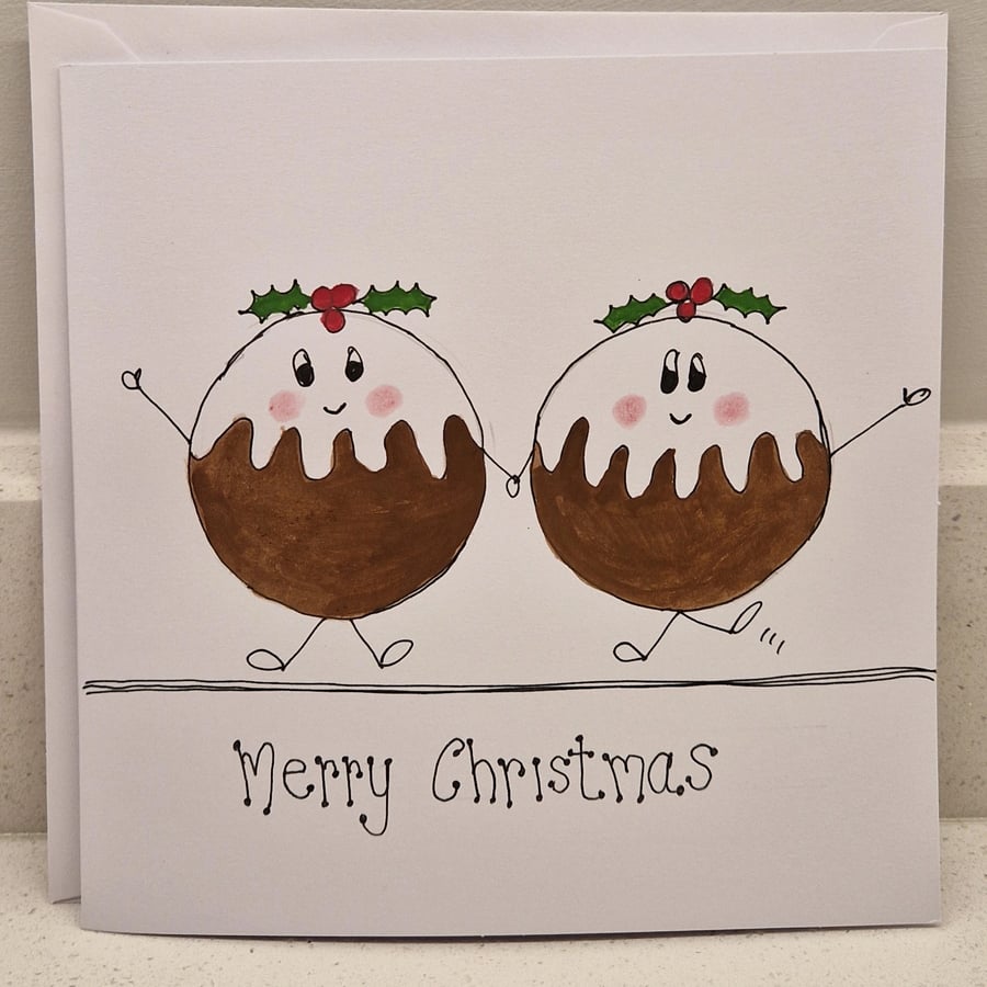Cheeky Christmas Puddings Christmas card watercolour
