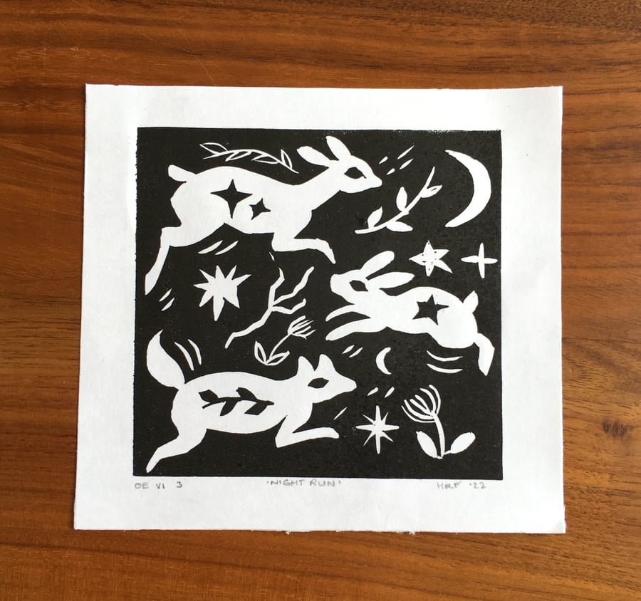 Deer, Rabbit and Fox Lino Print, an original linocut print on Japanese paper