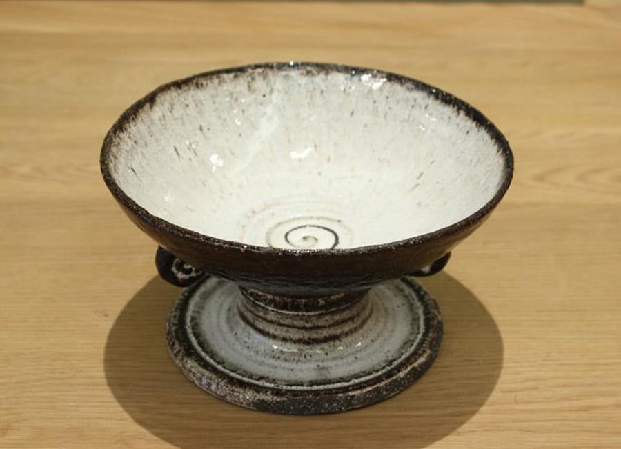 Black clay centrepiece stemmed wheel thrown Stoneware bowl.