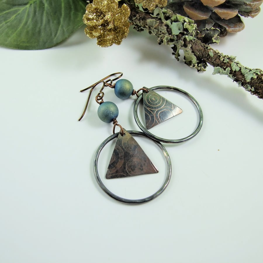 Earrings, Christmas Tree Copper and Druzy Agate Droppers, Niobium Ear Wires