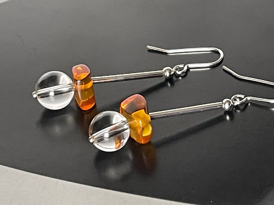 Organic Baltic honey colour amber and rock crystal gemstones dangling earrings