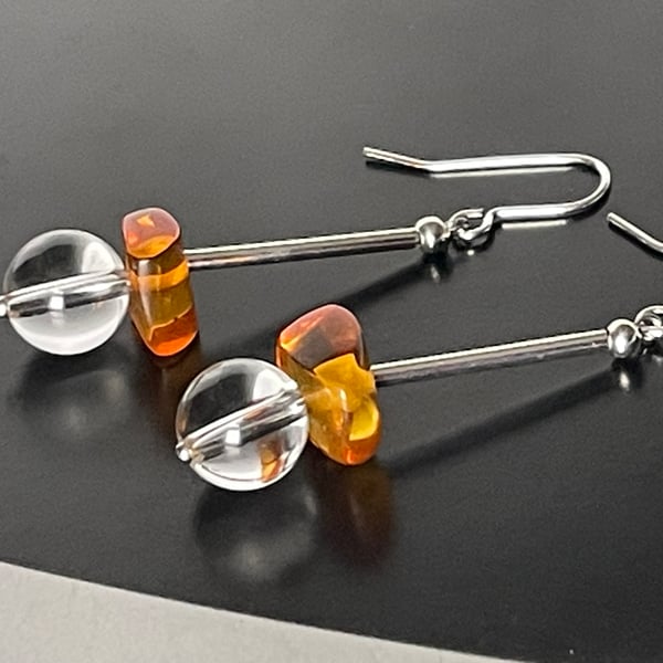 Organic Baltic honey colour amber and rock crystal gemstones dangling earrings