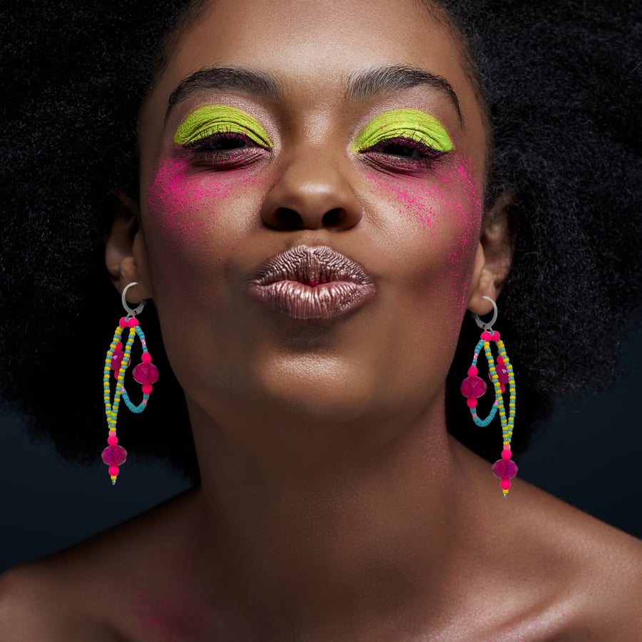 Statement Bright Neon Hot Pink and Turquoise Beaded Dangle Earrings