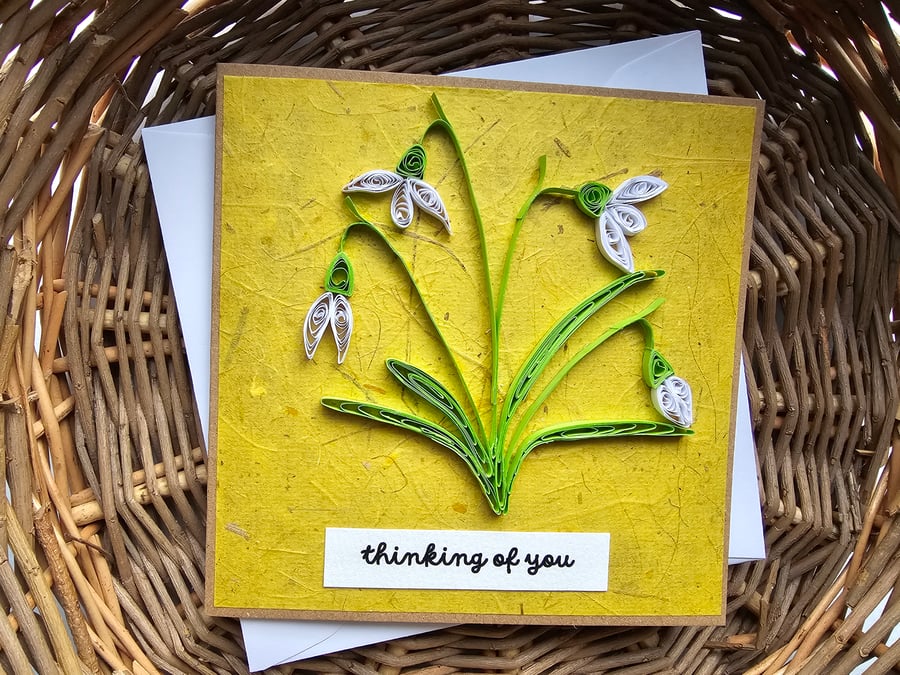 Quilled Snowdrops Thinking of You Card Size 5" x 5"