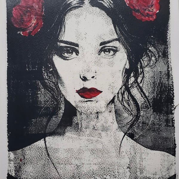 Red roses Monotrint Dark art Goth Handmade 
