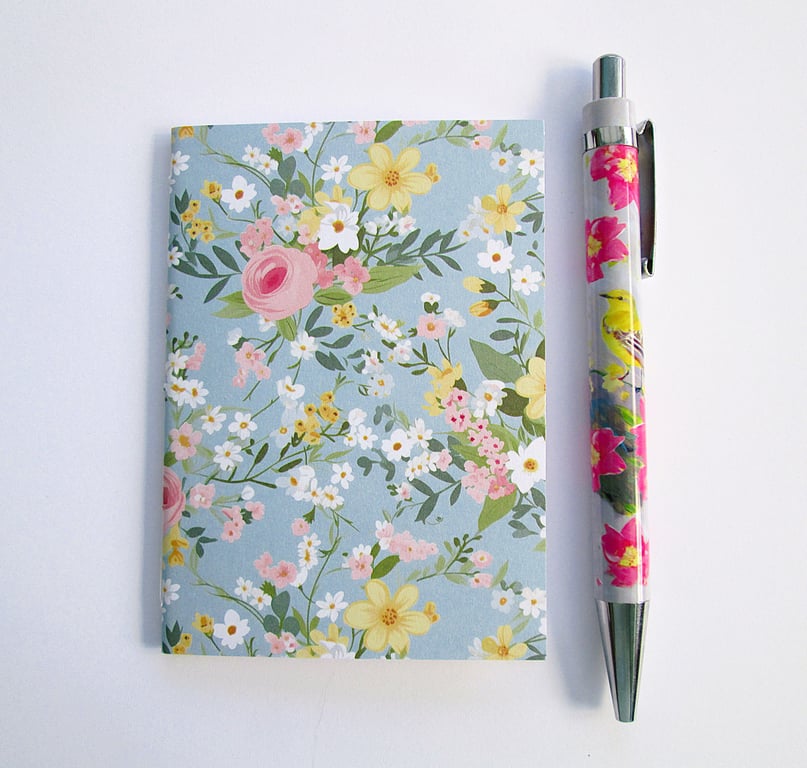 Pink and aqua rose bouquet floral A7 mini pocket notebook