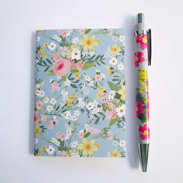 Pink and aqua rose bouquet floral A7 mini pocket notebook