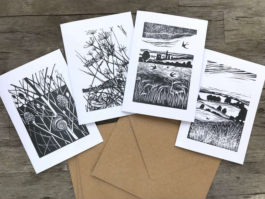 Art cards pack of 4 recycled greeting cards, note cards by Beth Knight. A6