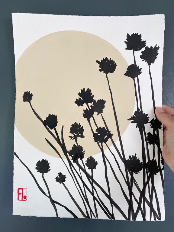 Garden Chives, ink shadow painting, original artwork, handmade paper, signed