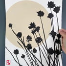 Garden Chives, ink shadow painting, original artwork, handmade paper, signed