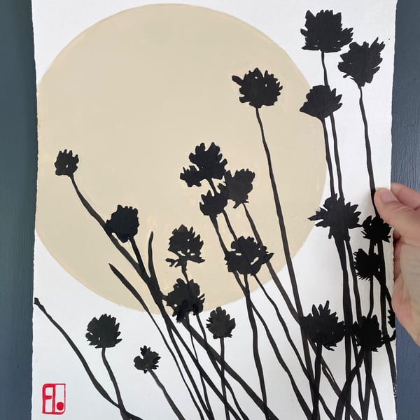 Garden Chives, ink shadow painting, original artwork, handmade paper, signed