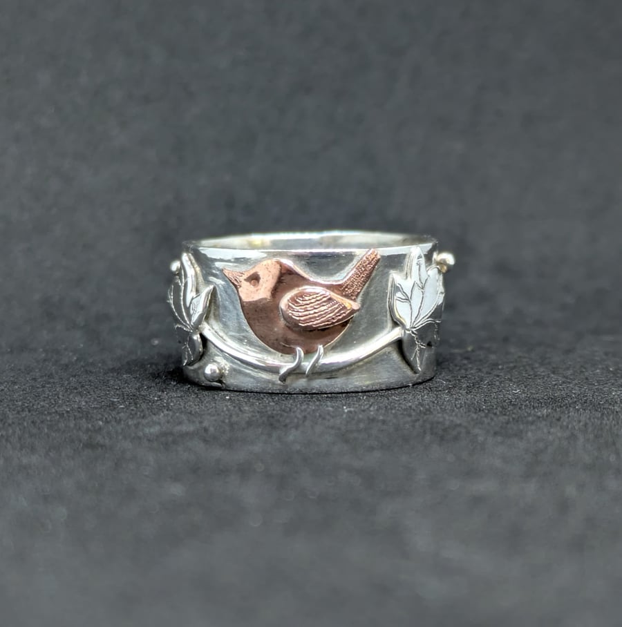 Sterling silver band ring, Silver ring with wren and ivy leaves