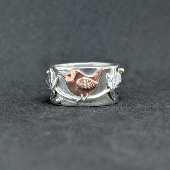 Sterling silver band ring, Silver ring with wren and ivy leaves