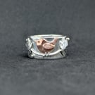 Sterling silver band ring, Silver ring with wren and ivy leaves