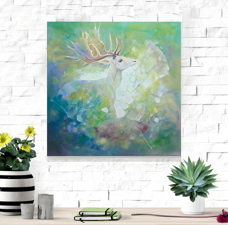 White Hart Rising is semi abstract painting of a white stag