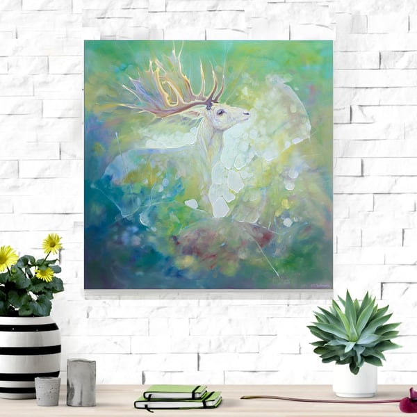 White Hart Rising is semi abstract painting of a white stag