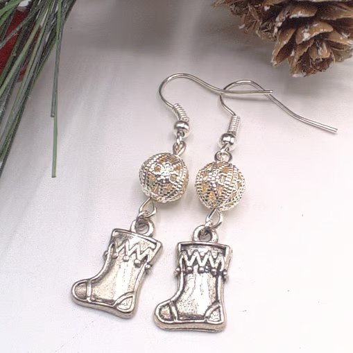Silver Plated Christmas Stocking Charm and Silver Filigree Bead Earrings