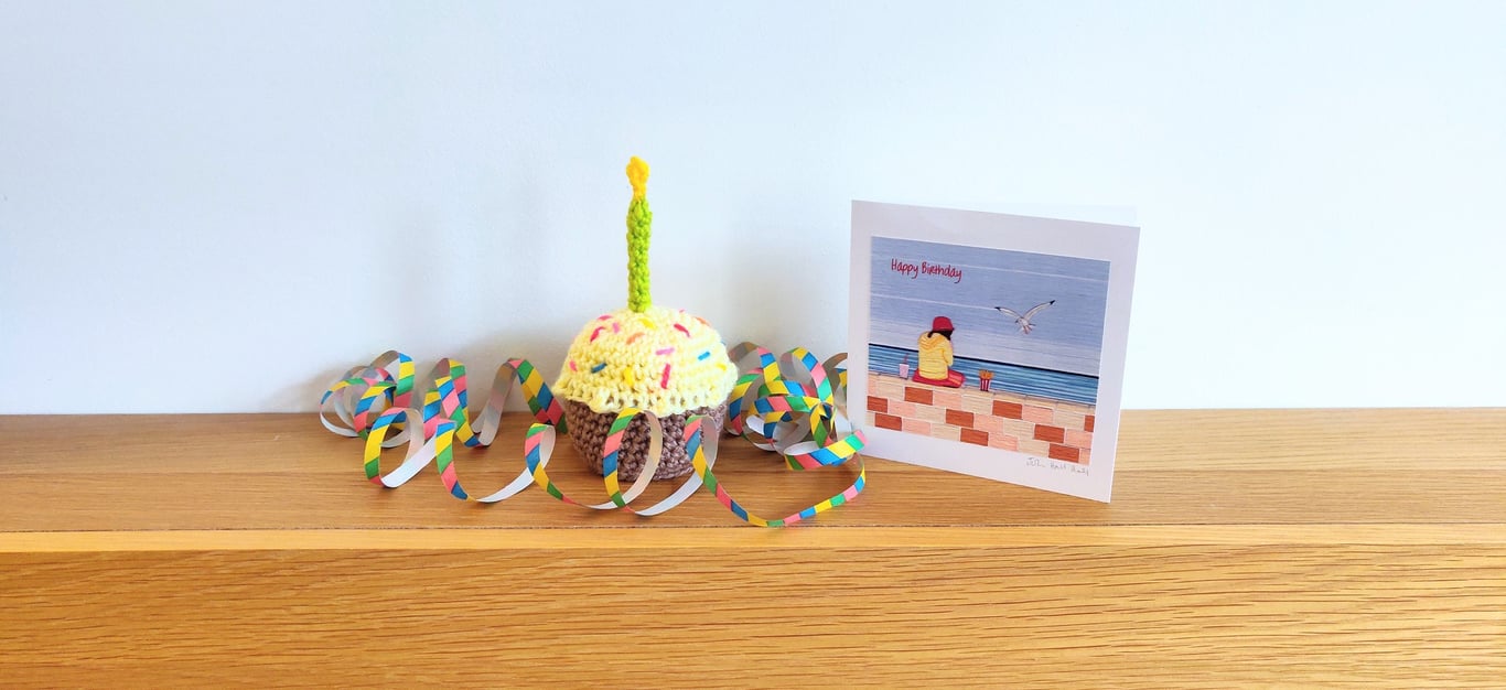 Birthday Cupcake, Happy Birthday Cake With Candle, Cake Prop, Crochet Cake, Fake