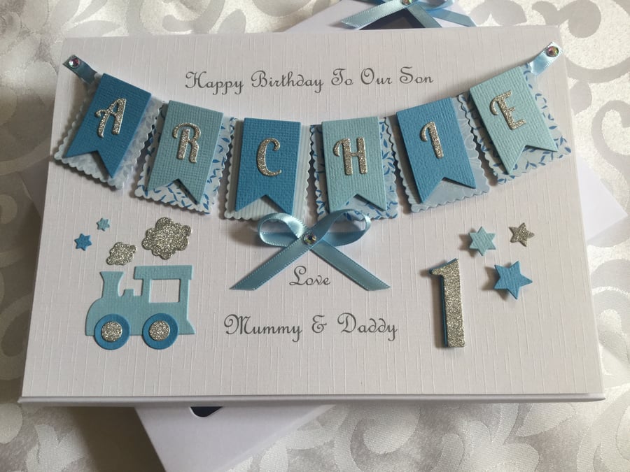 Personalised Handmade 1st Birthday Card Son Grandson 1st Gift Boxed Any Age