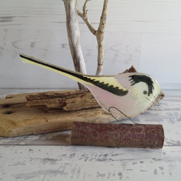 Long Tailed Tit on a Branch - Cheeky - Windowsill Decoration - Fused Glass 