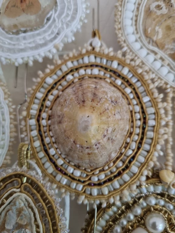 Golden Spiral – Cream & Gold Shell Amulet with Soutache and Porcelain Beads