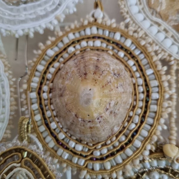 Golden Spiral – Cream & Gold Shell Amulet with Soutache and Porcelain Beads