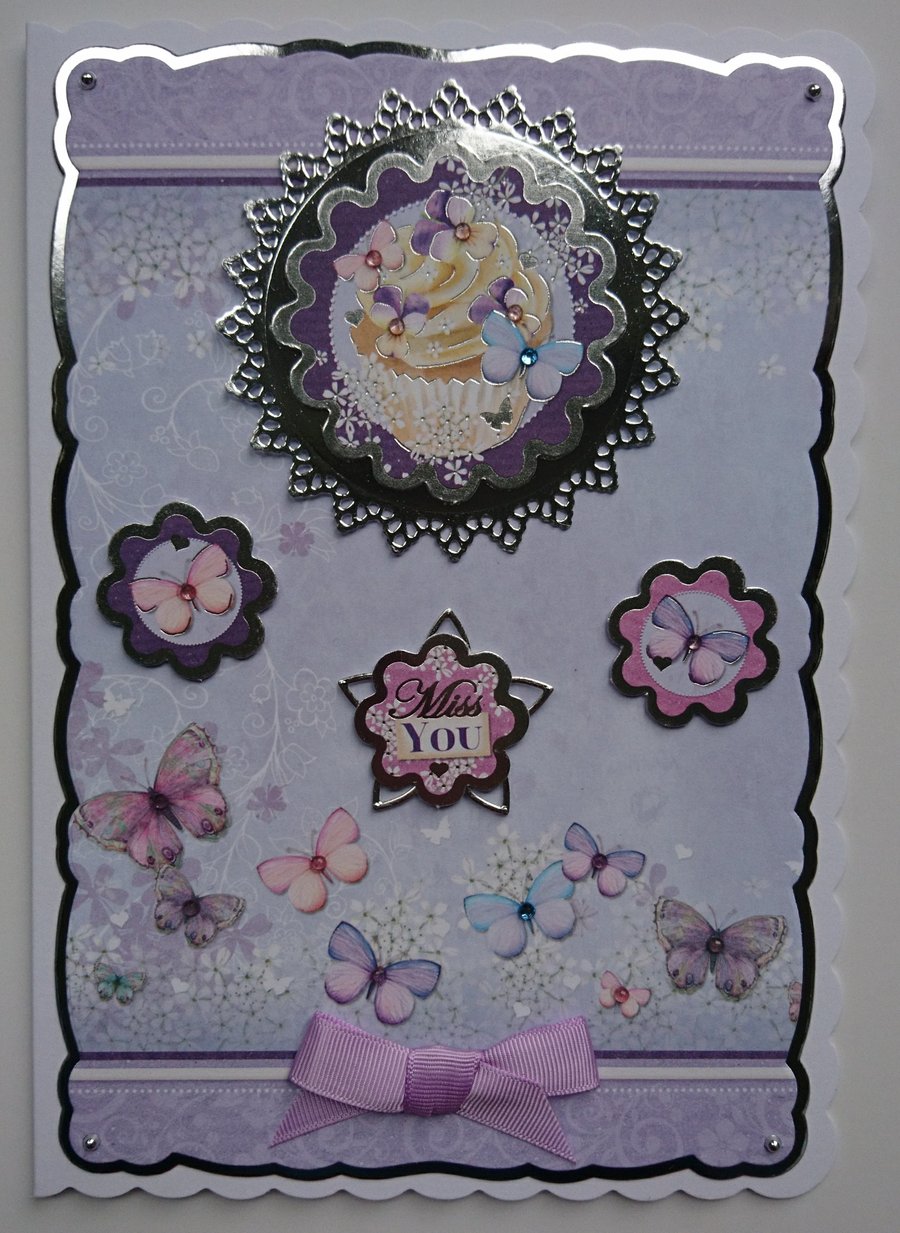 Miss You Card Cupcake Butterflies Birthday Any Occasion 3D Luxury Handmade Card 