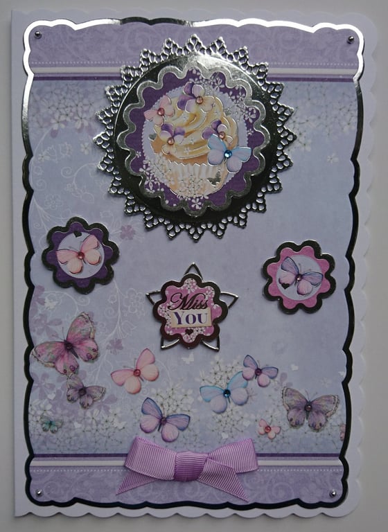 Miss You Card Cupcake Butterflies Birthday Any Occasion 3D Luxury Handmade Card 