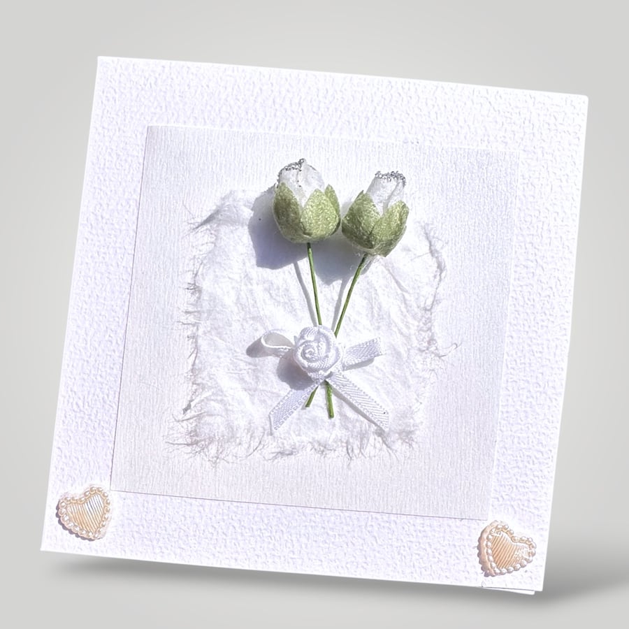 Handmade White Rose Embossed Greeting Card with handmade fibre paper.