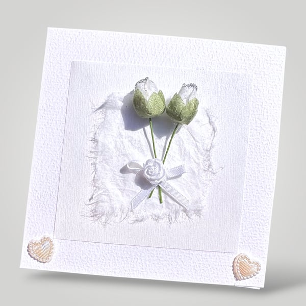 Handmade White Rose Embossed Greeting Card with handmade fibre paper.