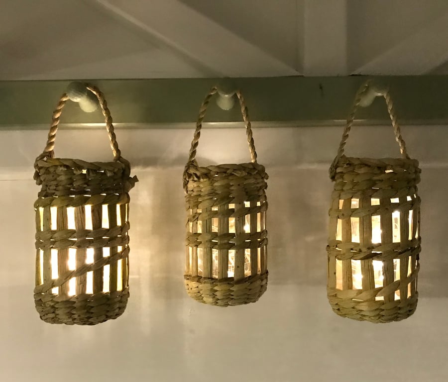 Rush-Covered Jam-Jar Hanging Lantern - Handmade in Cornwall 626