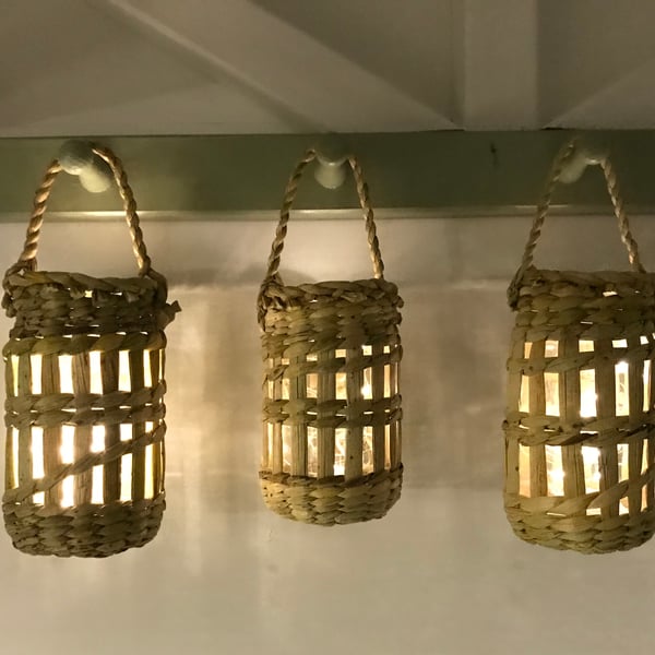 Rush-Covered Jam-Jar Hanging Lantern - Handmade in Cornwall 626