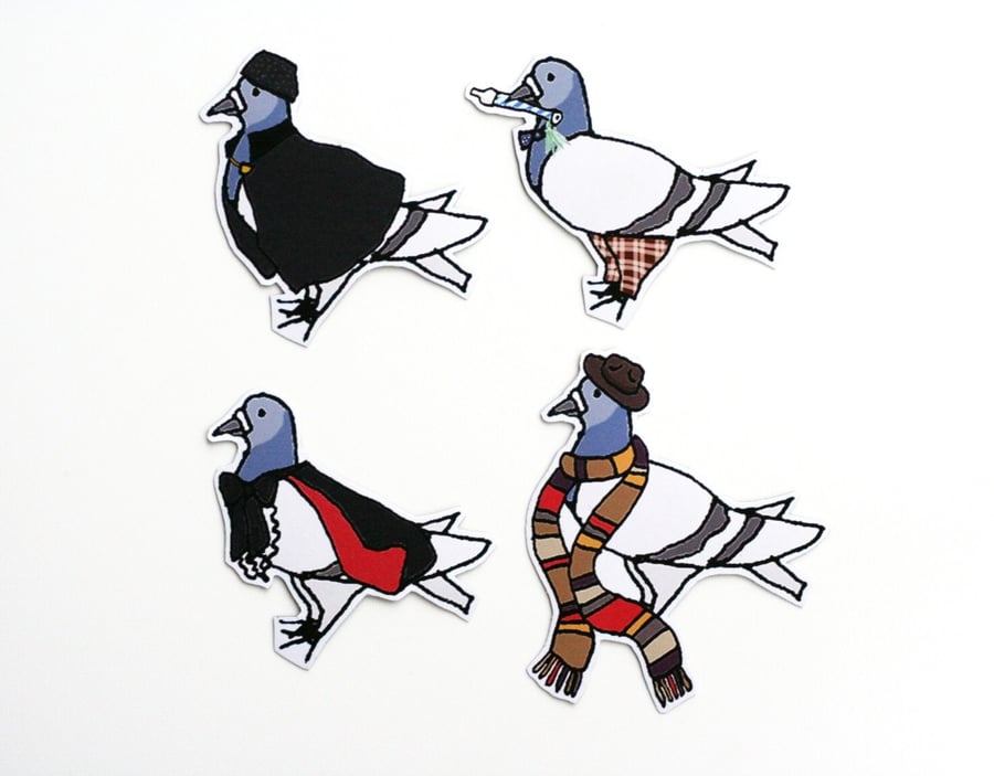 Dr Coo Pigeon Magnets (Pack of 4) - Inspired by the 1st, 2nd, 3rd and 4th Doctor