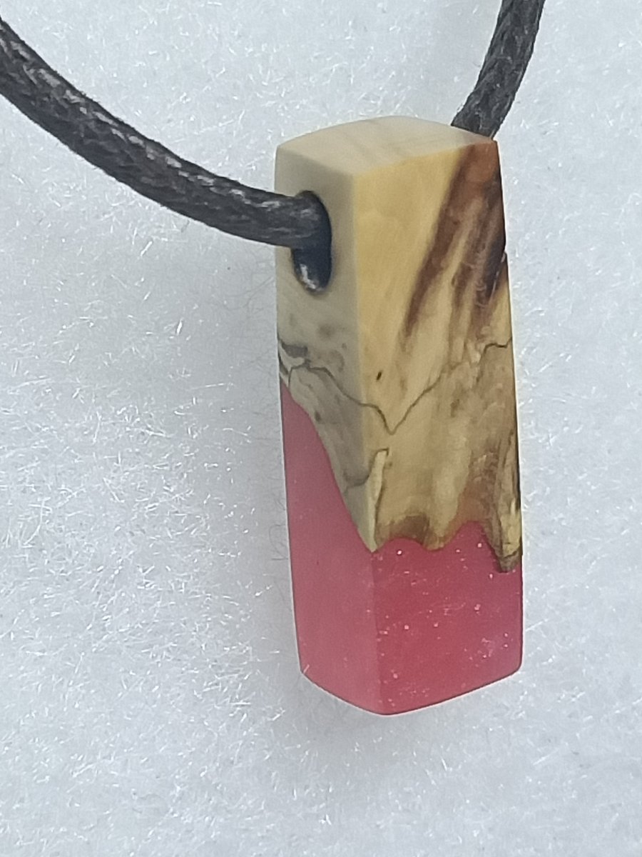 Pink resin and wood wooden pendant necklace wooden recycled jewellery