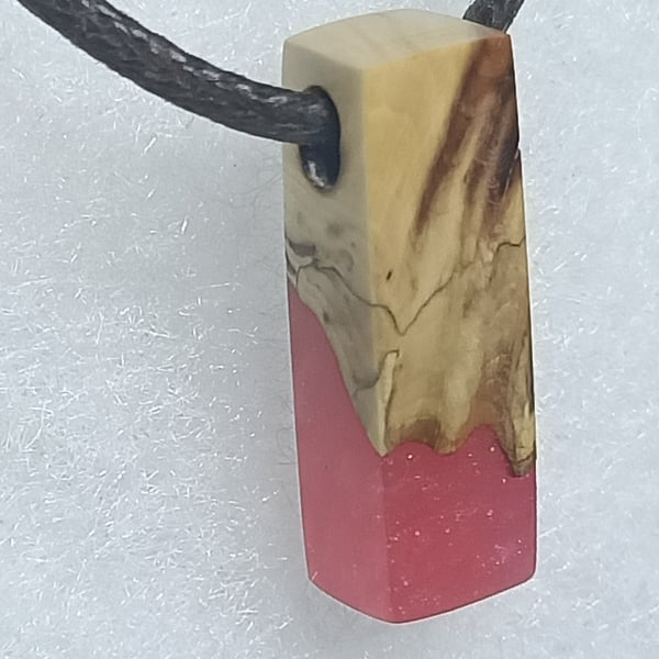 Pink resin and wood wooden pendant necklace wooden recycled jewellery