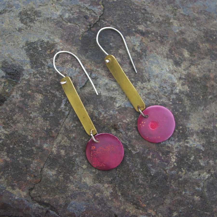 Long Dangle Brass and Copper Textured  Earrings
