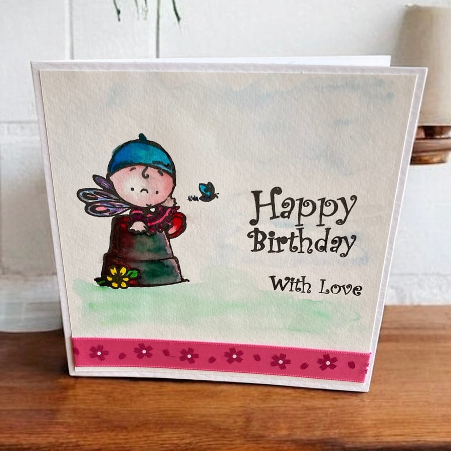 Watercolour Fairy on Flower Pot Birthday Card for a Child.