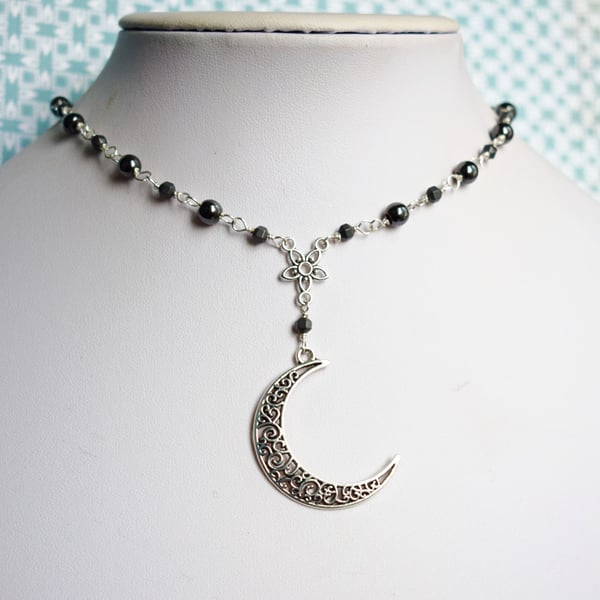 Filigree Crescent Moon Necklace with Hematite Beads