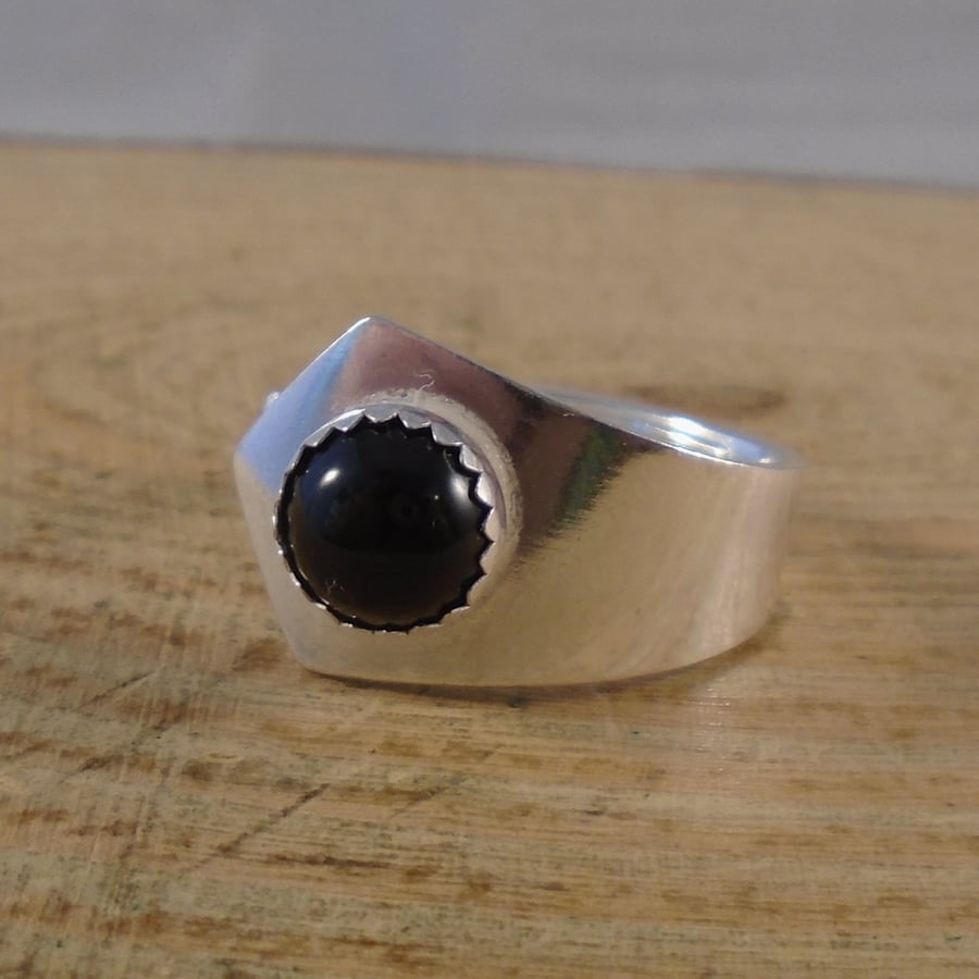 Upcycled German Silver Spoon Handle Ring with Onyx Cabochon