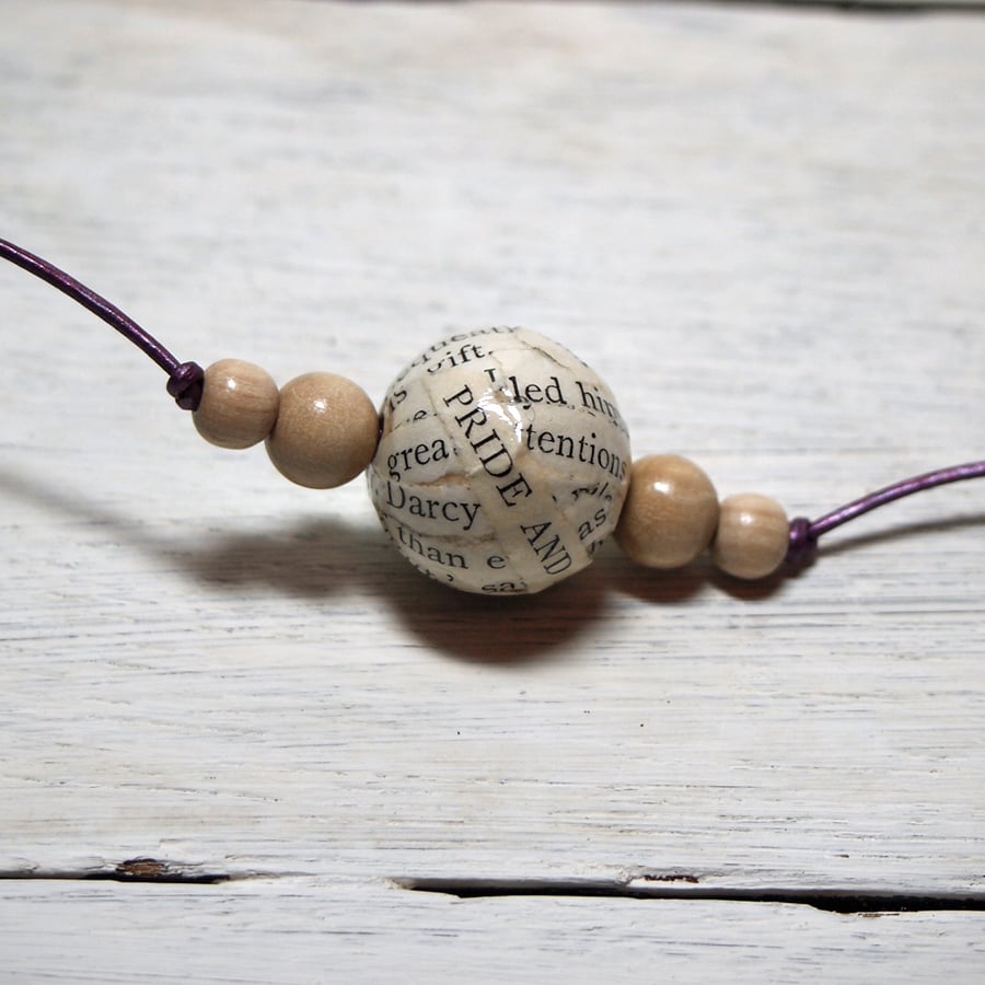 Pride & Prejudice book bead necklace.  Made using an original 1918 edition. 
