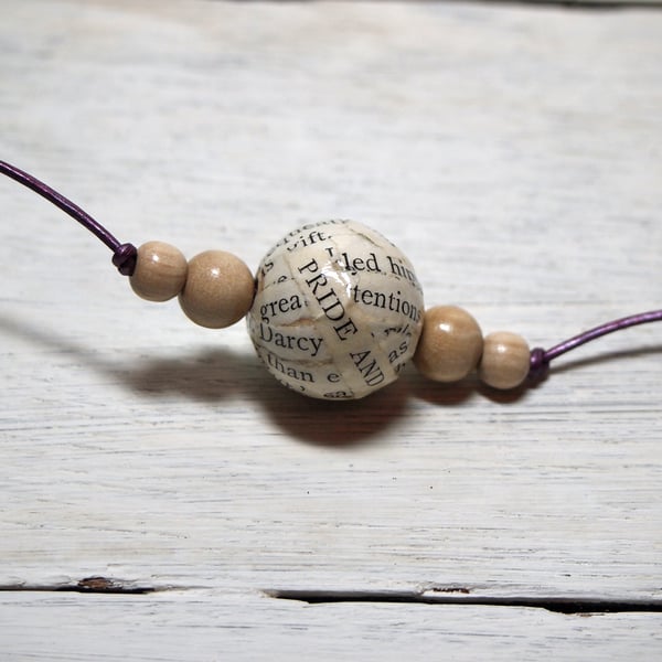 Pride & Prejudice book bead necklace.  Made using an original 1918 edition. 