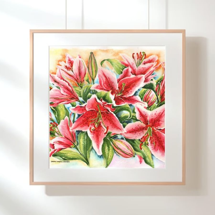 Stargazer Lilies - Bold Pink Watercolour - Botanical Art Print - Square Floral 