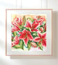 Stargazer Lilies - Bold Pink Watercolour - Botanical Art Print - Square Floral 