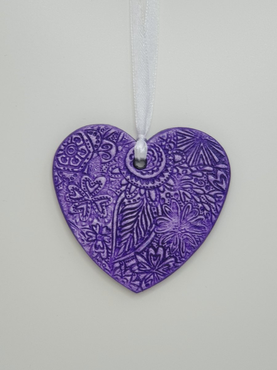 Purple heart clay hanging decoration, gift for birthday or anniversary 