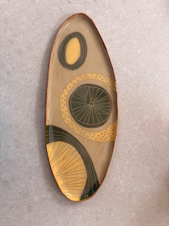 Ceramic serving platter - handmade, carved and painted