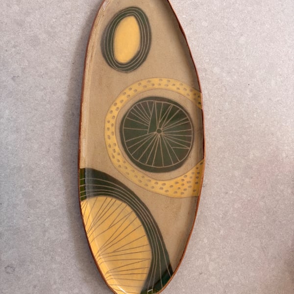 Ceramic serving platter - handmade, carved and painted